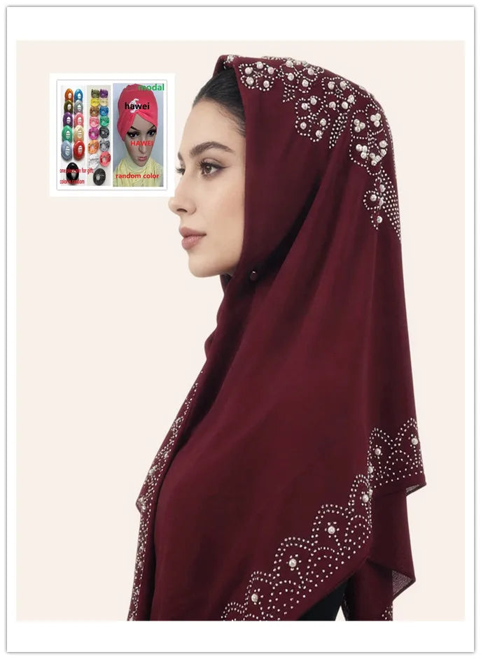 Muslim Square Scarf Women Fashion Rhinestone Hijab Arab Headwrap Turban Headband Pearl Chiffon Islamic Headscarf  Free Pin