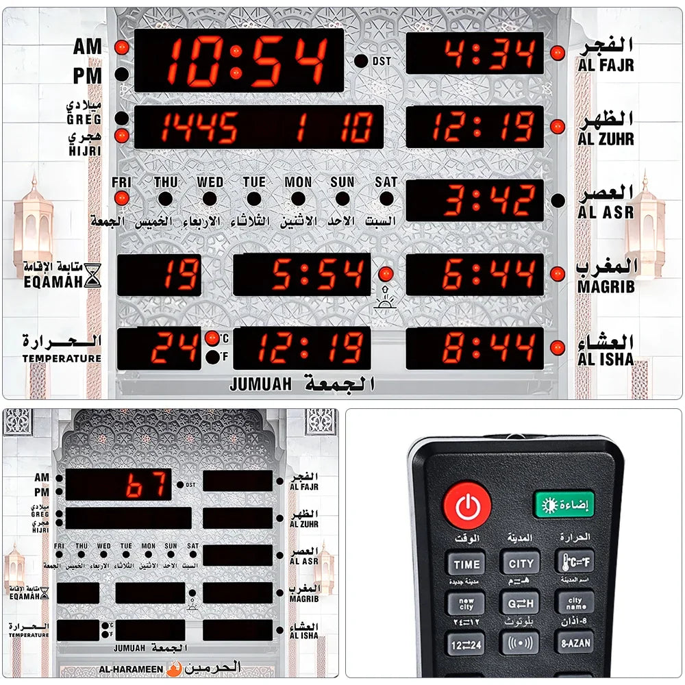 Automatic Prayer Clock LED Digital Wall Clock Islamic Mosque Azan Calendar Muslim Clock+Remote Controller Ramadan Home Decor