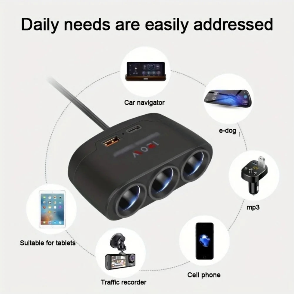 120W 3 In 1 Fast Charge Car Mobile Phone Charger Cigarette Lighter Adapter Fast Charging Plug Phone Power Adapter For Car DVR GP