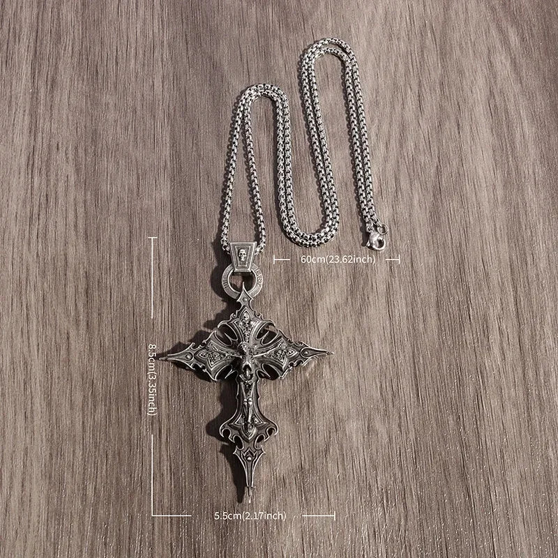 Vintage Gothic Skull Jesus Cross Pendant Necklace Catholic Jewelry for Men Punk Religious Amulet Necklace