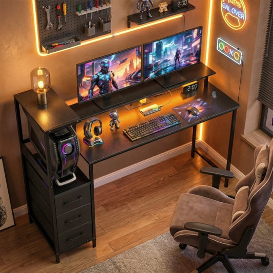 147cm Gaming Desk with Left/Right Adjustable PC Host Stand RGB LED Monitor Riser for Dual 27" Monitors Built-in Power Hub USB-C 3 Fabric Drawers Steel Frame Max 80kg Load Computer Table