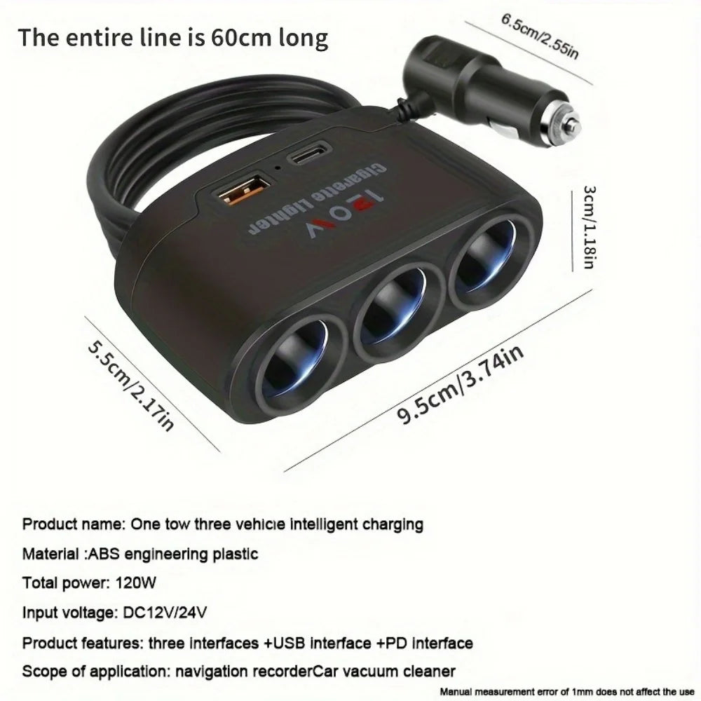 120W 3 In 1 Fast Charge Car Mobile Phone Charger Cigarette Lighter Adapter Fast Charging Plug Phone Power Adapter For Car DVR GP