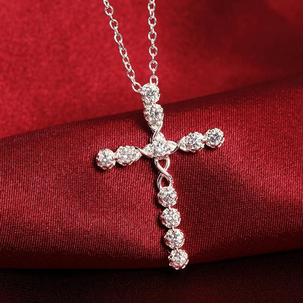 Fashion brand 925 Sterling Silver Necklace For Women Jewelry Blue crystal Exquisite cross Pendant birthday gifts Wedding party