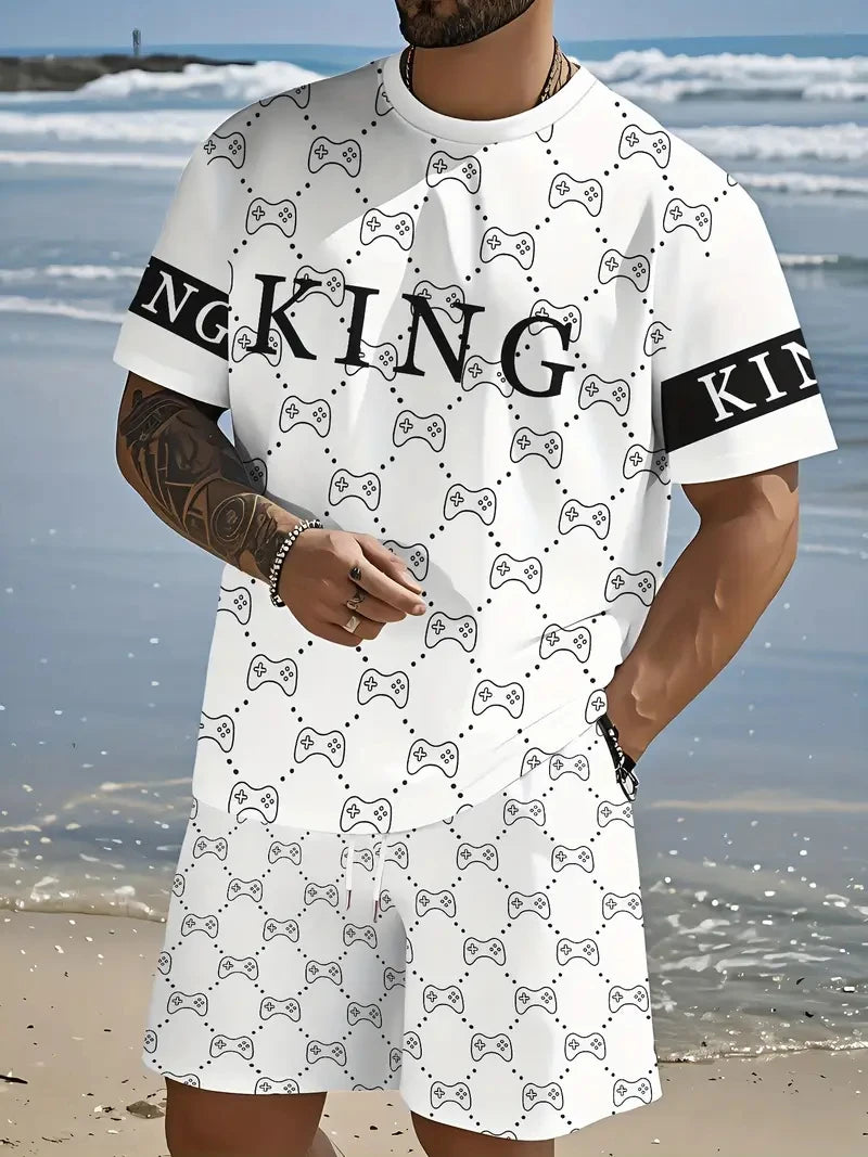 2025 Summer Men's Clothing Letter Print Short Sleeve Top Men's Elastic Waist Shorts 2-piece Set Plus Size T Shirts Shorts Set