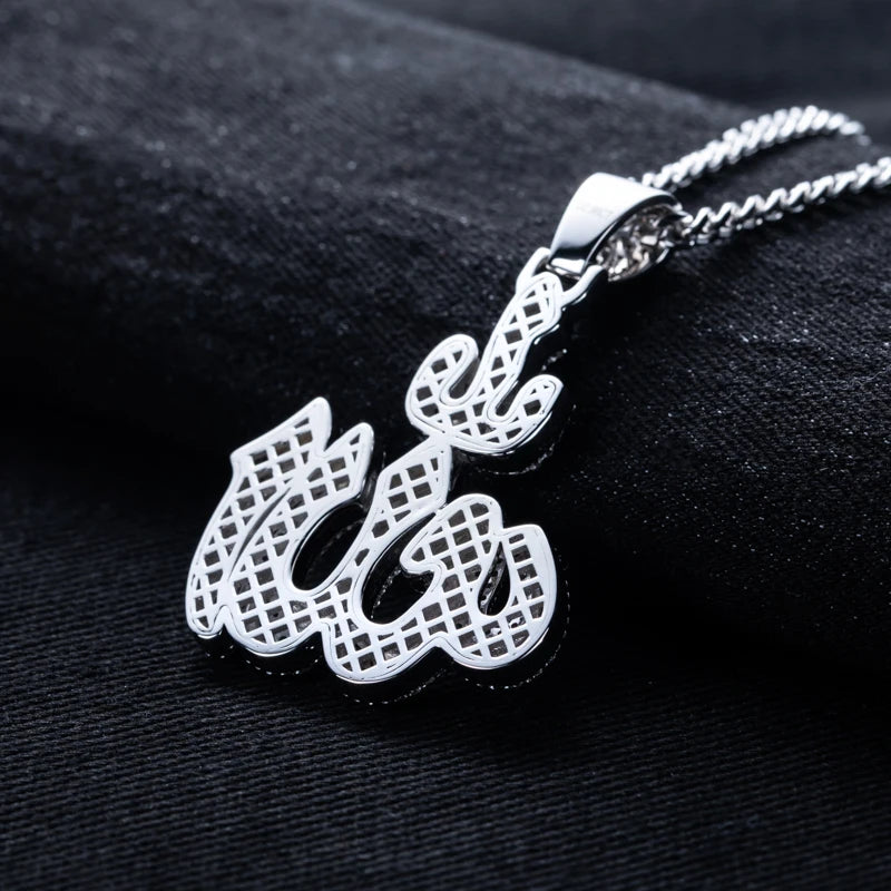 MossanRappr 2.9cttw Moissanite Islam Muslim Rune Patter Pendant Allah Necklace 925 Sterling Silver Hip Hop Jewelry Gifts for Men