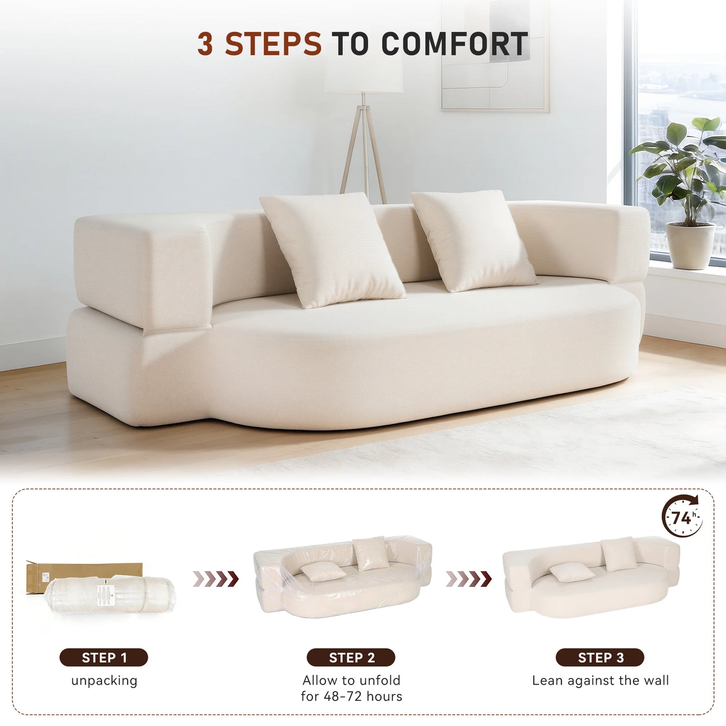 Folding Sofa Bed, Convertible Futon Sleeper Bed, 2-in-1 Foldable Floor Mattress, Breathable High-Density Foam Lazy Couch, Twin Size Comfy Lounge Chair with 2 Pillows