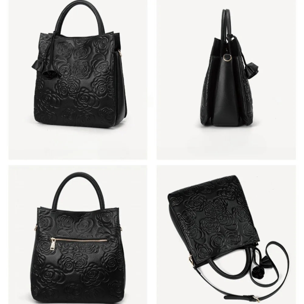 Ladies' fashionable and elegant camellia tote bag with large capacity and multiple compartments, vintage shoulder bag