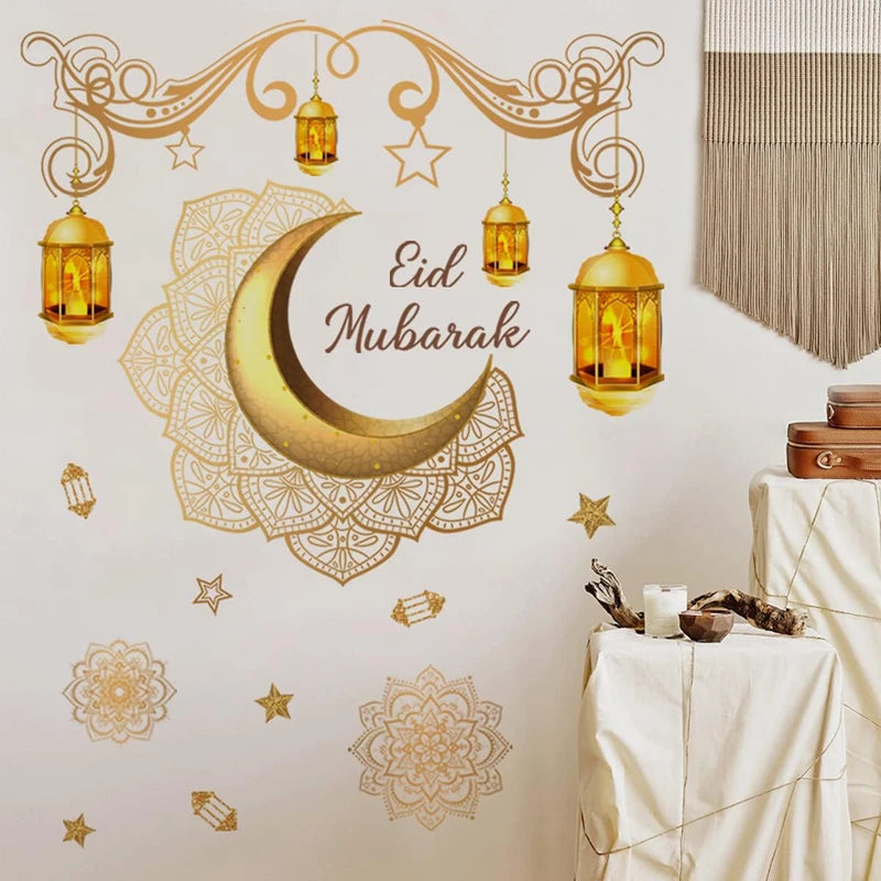Eid Mubarak Wall Stickers Moon Star Lantern Ramadan Kareem Wall Decals Muslim Islamic Window Sticker Decorations for Home 2026
