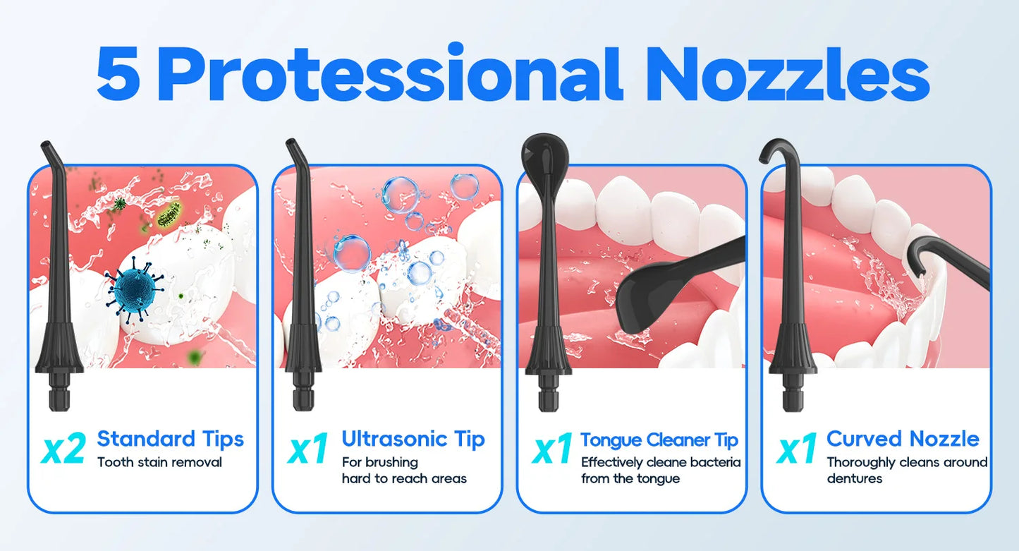 Portable Oral Irrigator with 5 Jet Tips , 5 Cleaning Modes of 3 water pressure , 300ml Water Tank IPX7 Waterproof Water Flosser