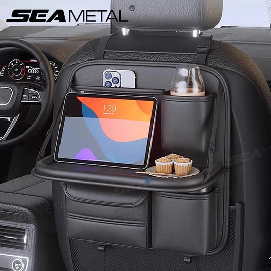 SEAMETAL car seat-back organizer with multiple storage pockets and foldable table option
