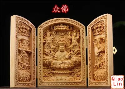 Solid Wood Carving Three Open Buddha Statue, Collapsible Sculpture, Living Room and Bedroom Decoration, Modern Art