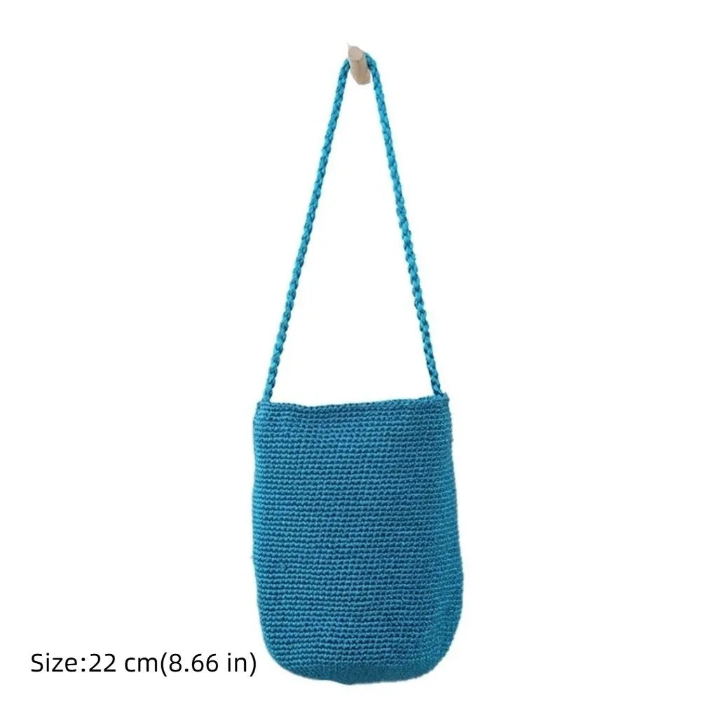 New Large Capacity Handwoven Bucket Bag Solid Color Boho Metal Line Bucket Bag Straw Design Handmade Crossbody Bag Gifts