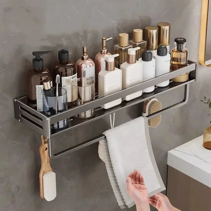 Maximize Your Space: No-Drill Aluminum Corner Shelf for Bathroom | All-in-One Shampoo Organizer & Towel Holder Solution