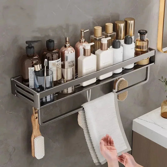 Maximize Your Space: No-Drill Aluminum Corner Shelf for Bathroom | All-in-One Shampoo Organizer & Towel Holder Solution