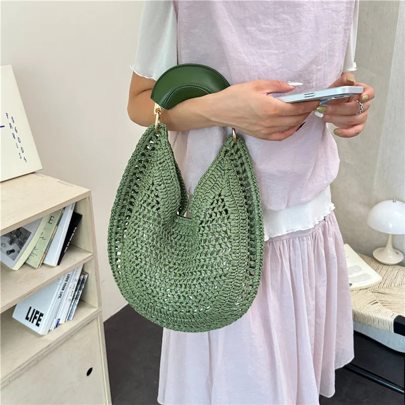 Boho Handwoven Straw Hobo Tote Bag Women Crescent Moon Shape Top Handle Basket Purse Summer Hollow Out Woven Handbag