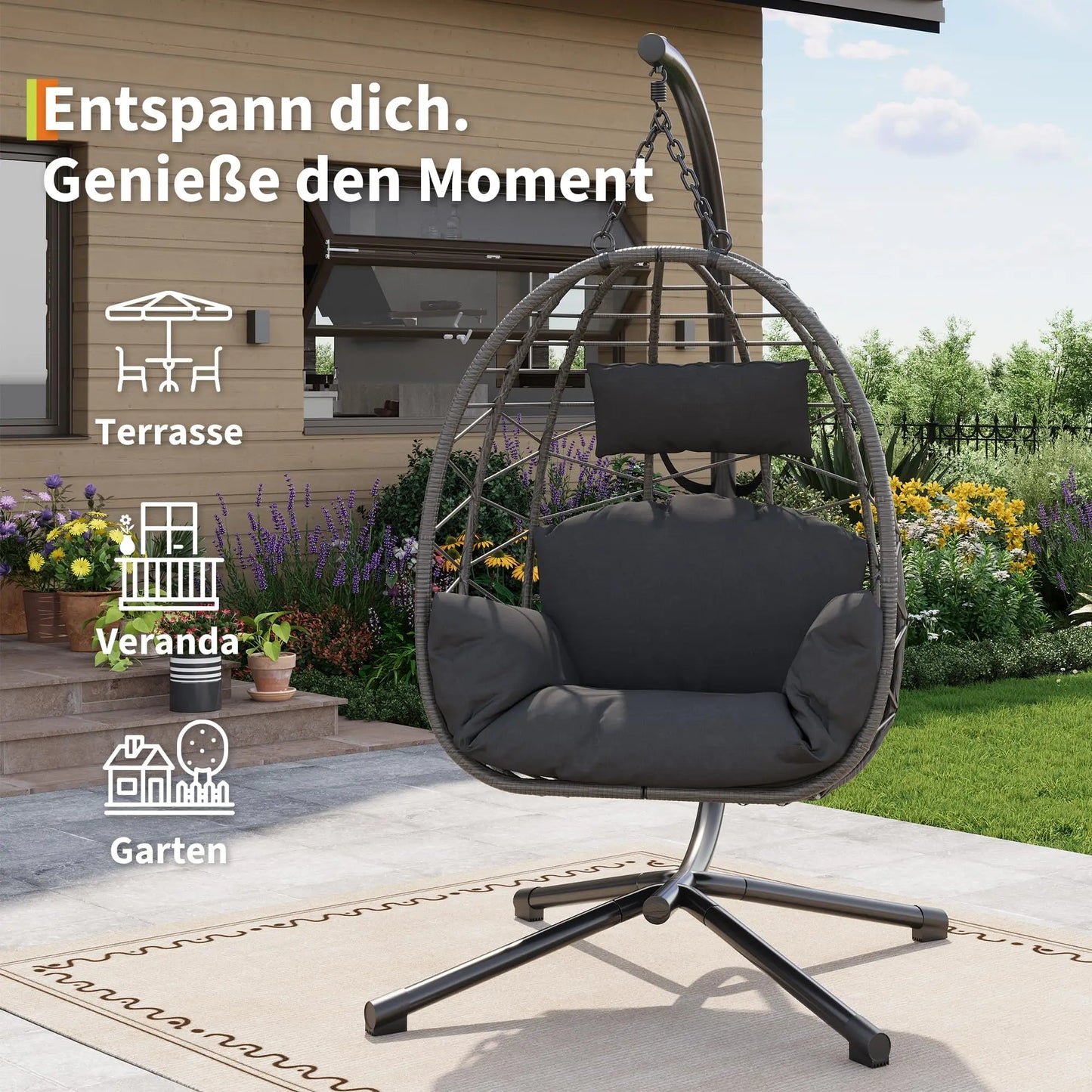 Foldable Rattan Swing Egg Chair With Metal Stand Indoor Outdoor Hanging Hammock Chair Weatherproof Patio Garden Furniture