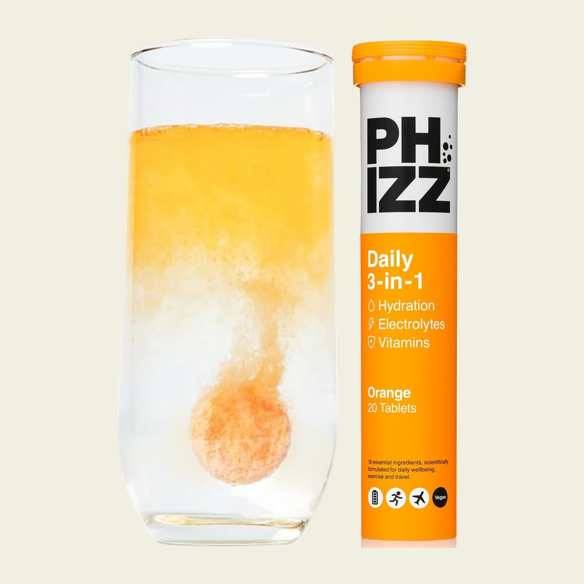 Phizz Electrolytes, Multivitamin & Hydration Tablets - 20 Effervescent Rehydration Electrolyte Tablets - 18 Vitamins & Minerals, Vitamin C, Vegan, Vegetarian & Low Calorie (Orange, 20 Tablets)
