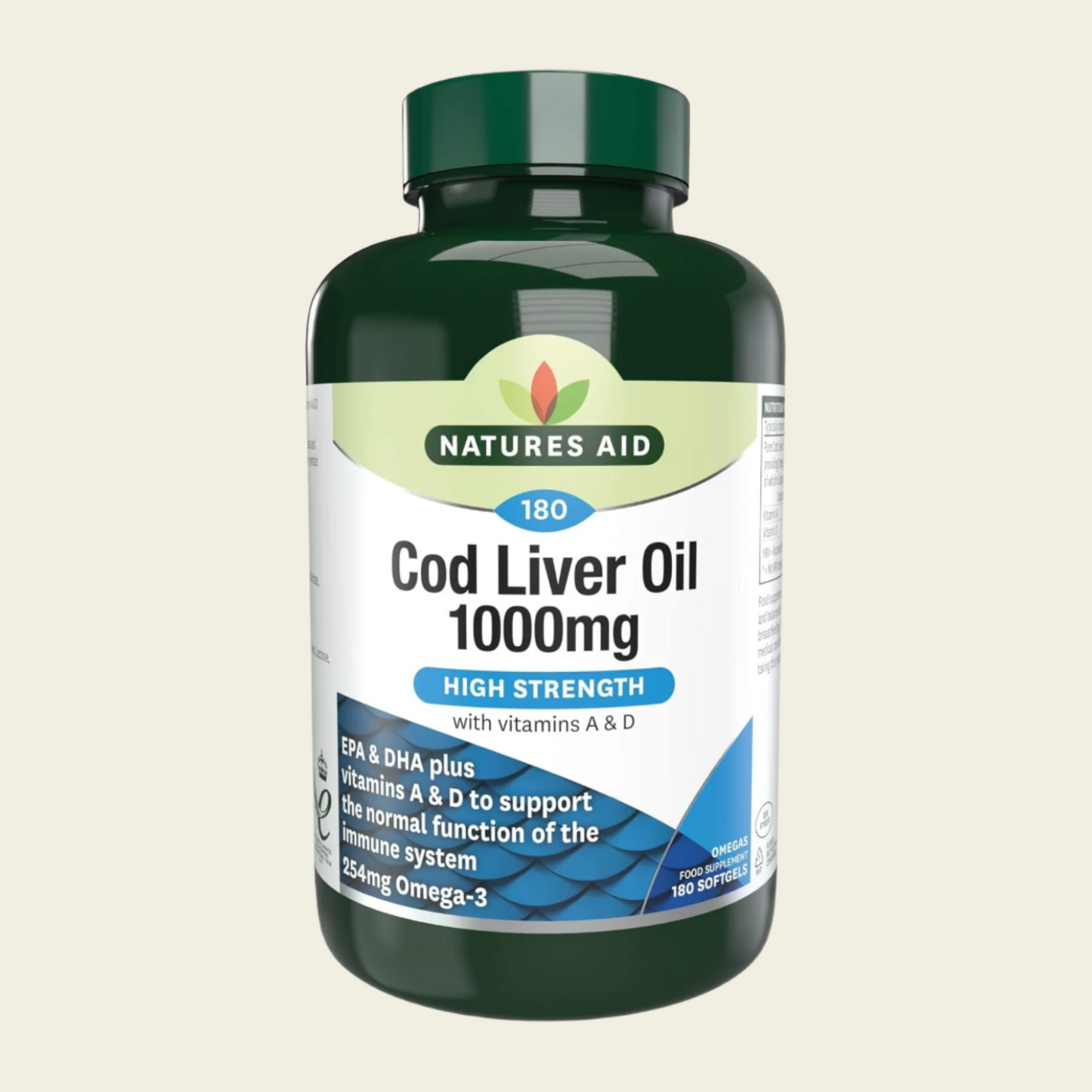 Natures Aid Cod Liver Oil 1000mg Softgels – High Strength Omega-3 Fish Oil with Vitamins A & D – Supports Immune System, Heart Health, Brain, Vision, Joints – Non-GMO – 180 Capsules
