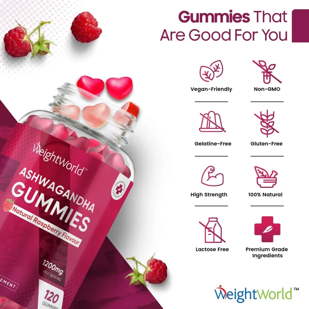 Ashwagandha Gummies 1200mg - 120 Gummies - 2 Months Supply - Tasty Natural Raspberry Flavour - 2 per Day - Ashwagandha Root Extract Supplement - Vegan, Non-GMO, Gluten-Free & Travel-Friendly
