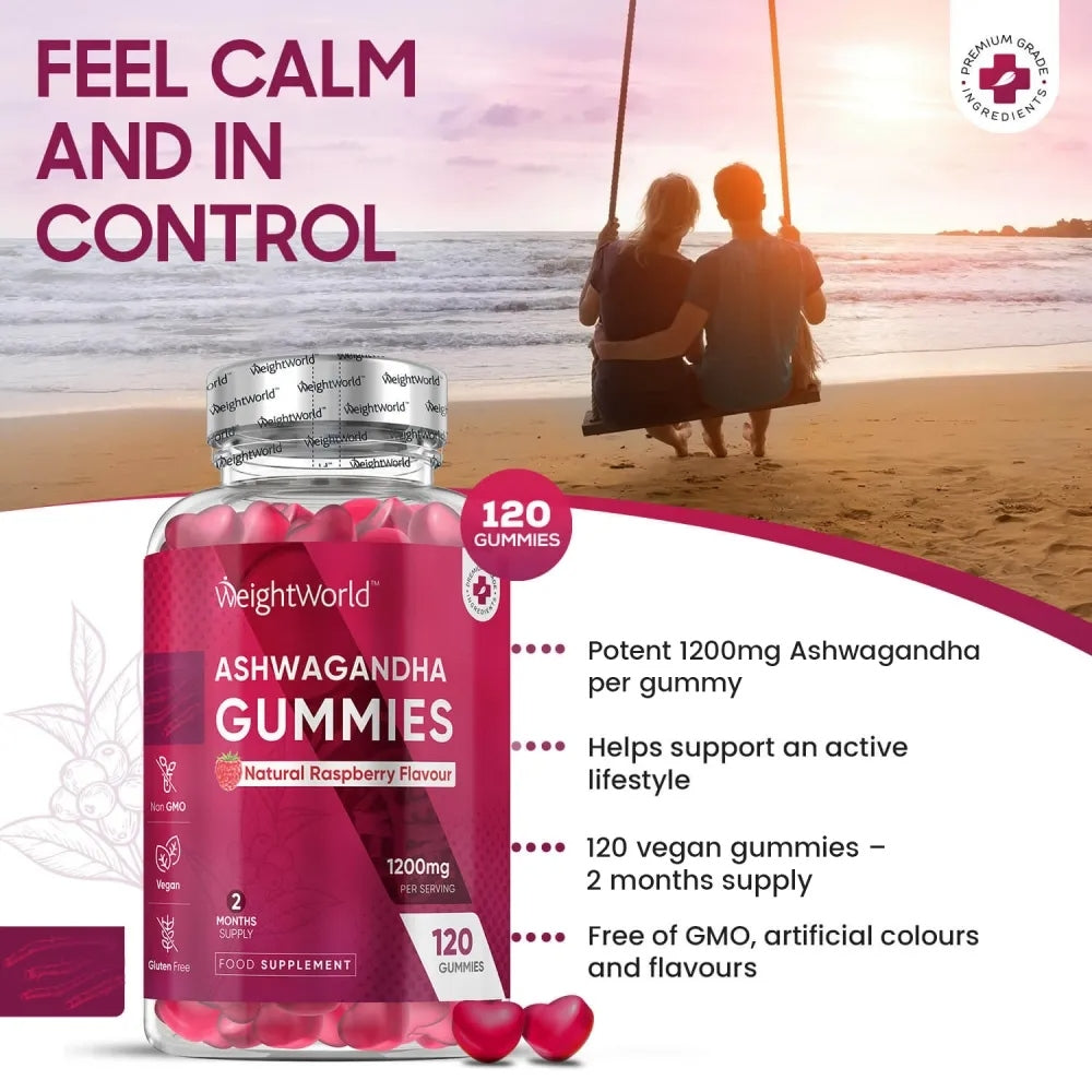 Ashwagandha Gummies 1200mg - 120 Gummies - 2 Months Supply - Tasty Natural Raspberry Flavour - 2 per Day - Ashwagandha Root Extract Supplement - Vegan, Non-GMO, Gluten-Free & Travel-Friendly

