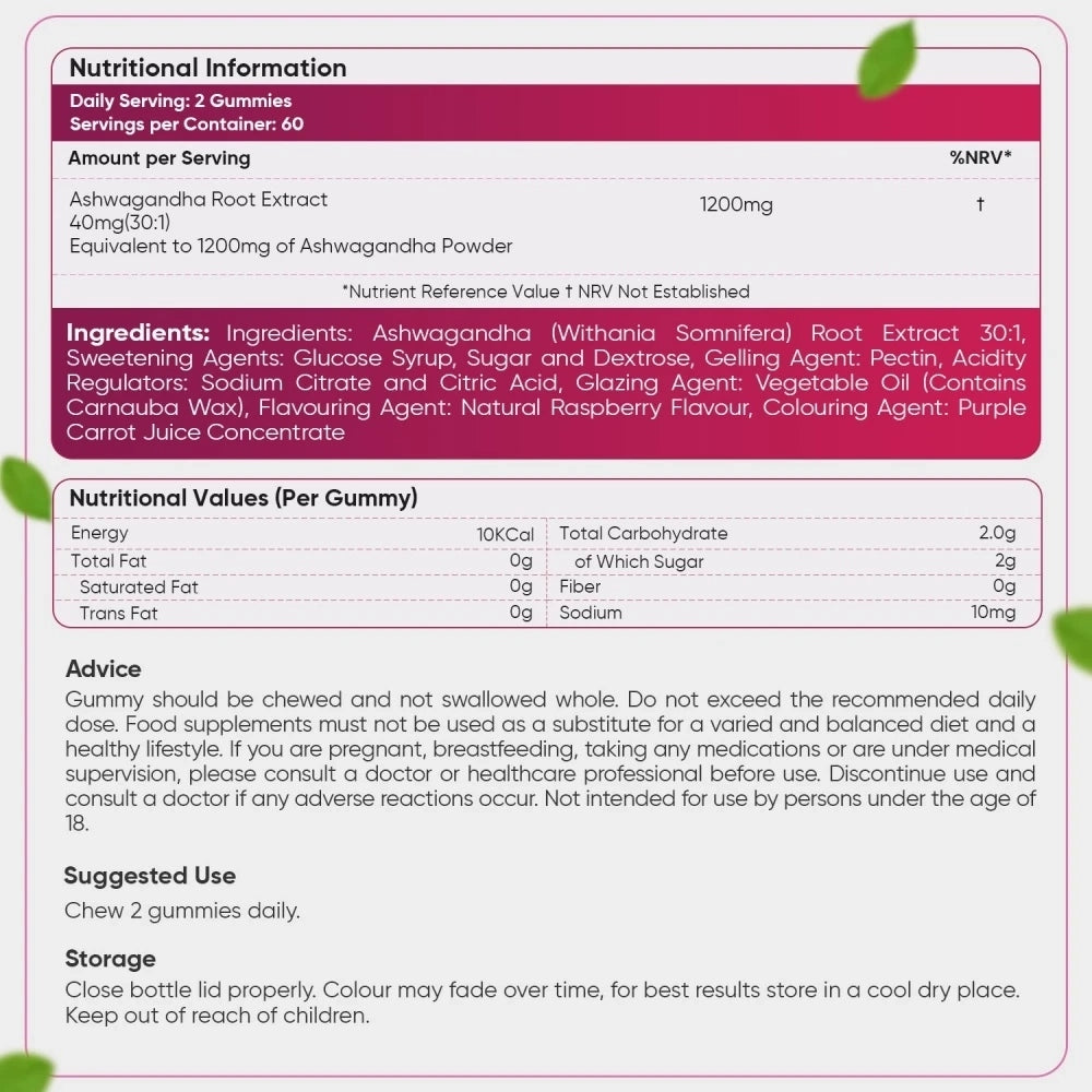Ashwagandha Gummies 1200mg - 120 Gummies - 2 Months Supply - Tasty Natural Raspberry Flavour - 2 per Day - Ashwagandha Root Extract Supplement - Vegan, Non-GMO, Gluten-Free & Travel-Friendly
