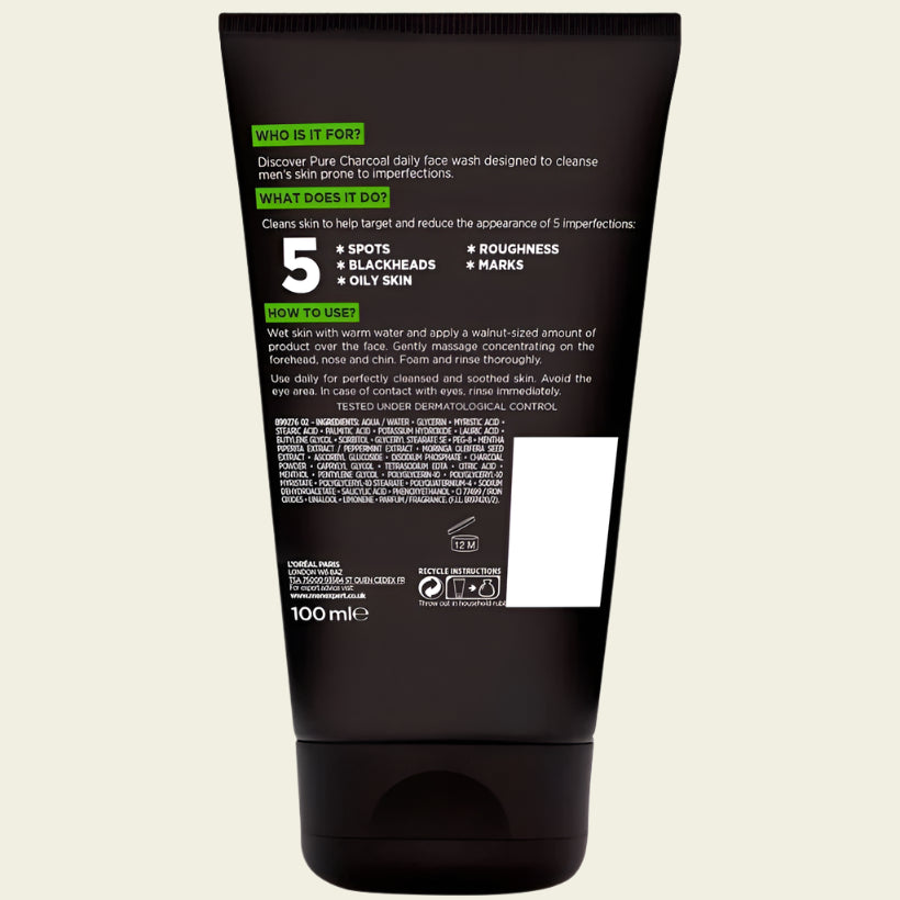 L'Oreal Paris Men Expert Face Wash Pure Charcoal, Glycerin, and Salicylic acid - Blackhead Cleanser for Men, 100 ml (Pack of 1)
