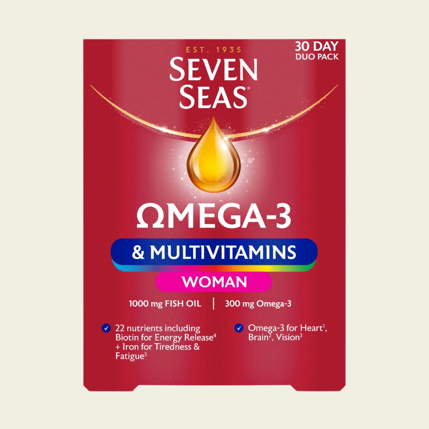 Seven Seas Omega-3 & Multivitamins Woman, with Biotin and Iron, 30-Day Duo Pack, 30 Omega-3 Capsules and 30 Multivitamin Tablets, Buy best Vitamins, Minerals & Supplements online in UK at luxsupp.com, Multivitamin Tablets for men & women, omega, Biotin and Iron, vitamin D, vitamin C, vitamin B
