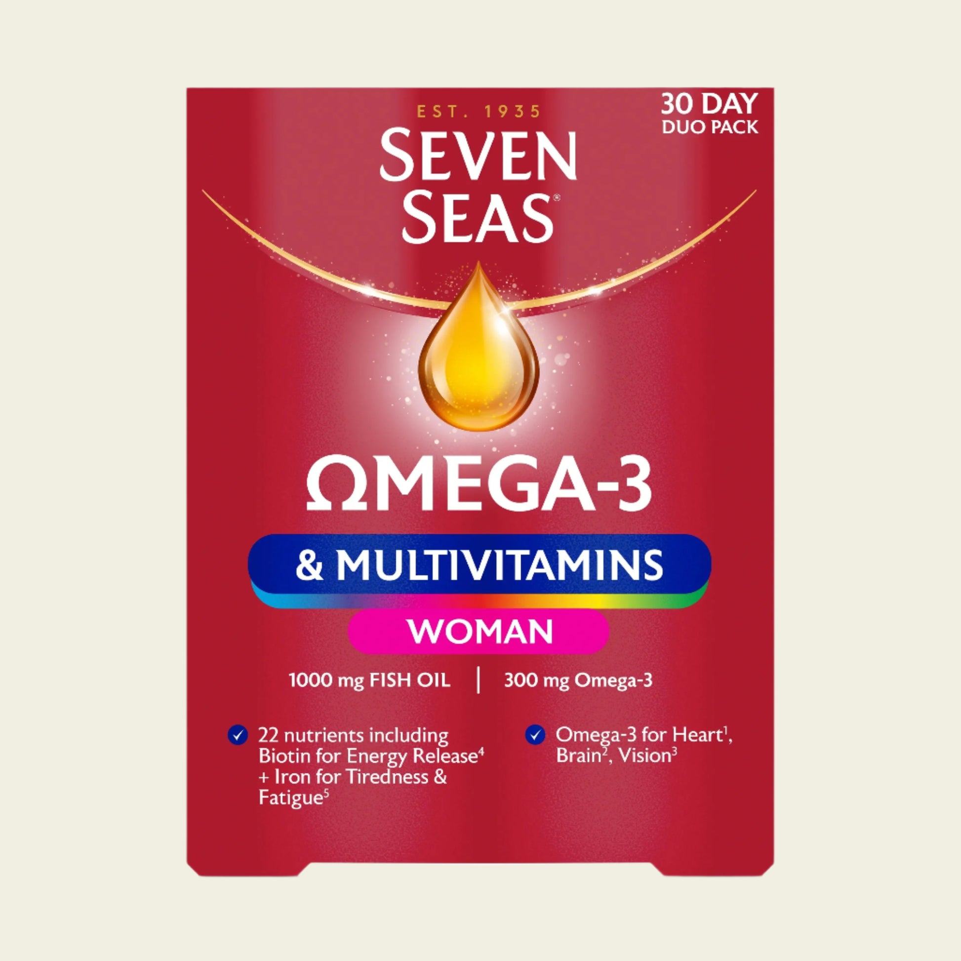 Seven Seas Omega-3 & Multivitamins Woman, with Biotin and Iron, 30-Day Duo Pack, 30 Omega-3 Capsules and 30 Multivitamin Tablets, Buy best Vitamins, Minerals & Supplements online in UK at luxsupp.com, Multivitamin Tablets for men & women, omega, Biotin and Iron, vitamin D, vitamin C, vitamin B
